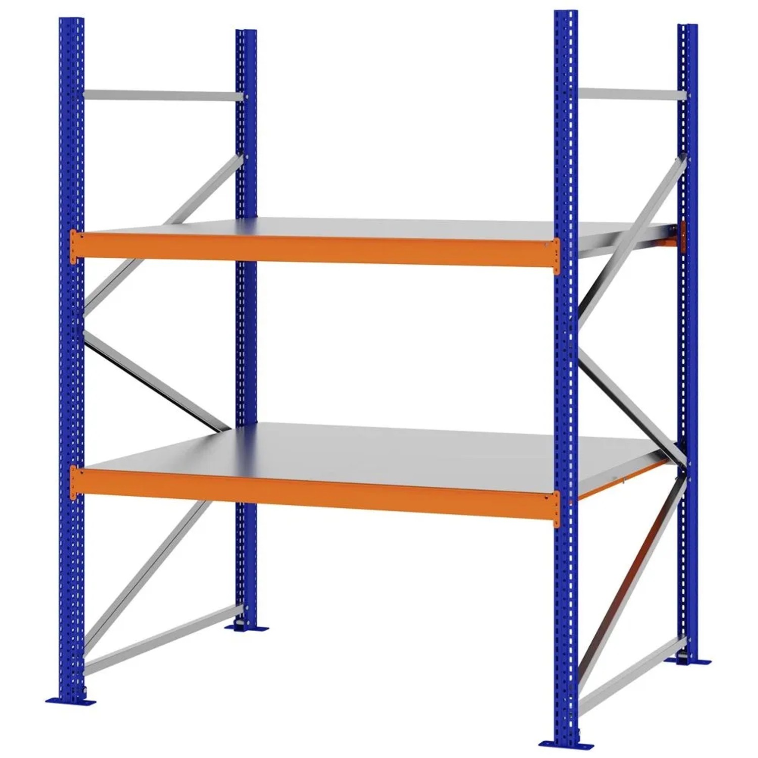 PROREGAL Weitspannregal Schraub-Stecksystem MAGNUS PRO Made In Germany Grundregal 200x150x100cm 2 Ebenen Stahlböden Fachlast 750kg Blau/Orange