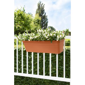 Anthrazitfarbener Florus Pflanzkasten Mediterran 80 cm mit weißen Blumen auf einem Balkongeländer.