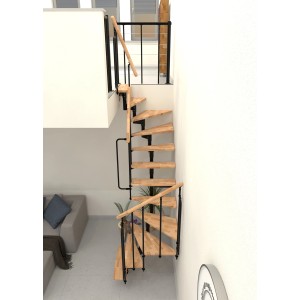 Minka Raumspartreppe Joker Turn 180° Buche-Schwarz, gewendelte Innentreppe mit Holzstufen und schwarzem Geländer.