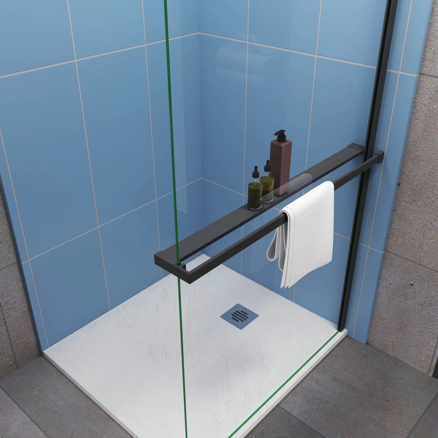 Schwarzes Duschregal mit Handtuchhalter an einer Duschwand mit Shampoo und Handtuch.