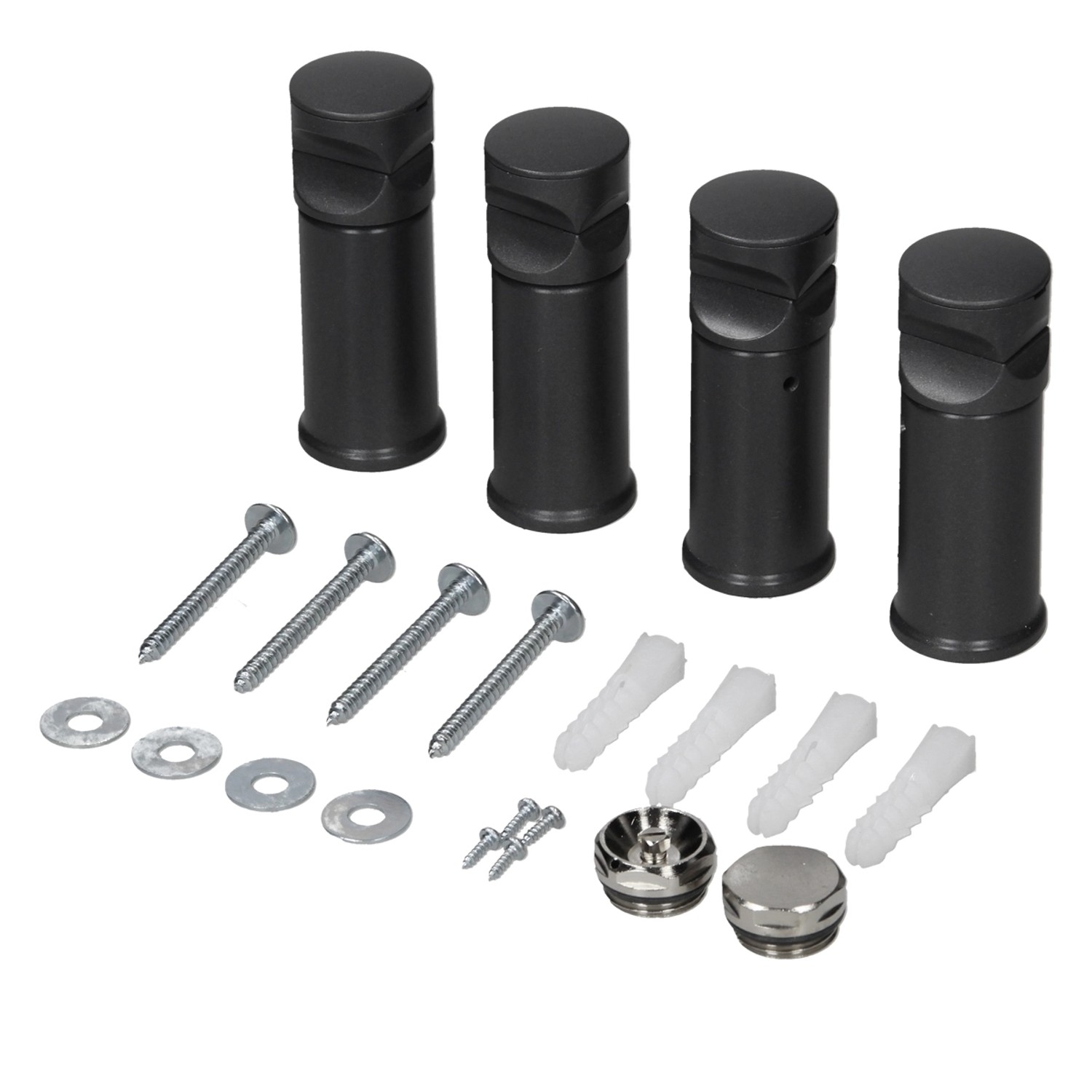 Montagematerial für LuxeBath Badheizkörper Sahara, bestehend aus Halterungen, Schrauben, Dübeln und Ventilen.