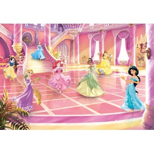 Fototapete mit Disney Prinzessinnen im Ballsaal, Glitzer-Effekt, für Kinderzimmer.