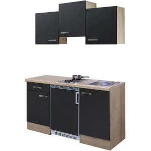 Flex-Well Singleküche Lara, 150 cm, Anthrazit/San Remo Eiche Dekor mit Kochfeld und Kühlschrank.