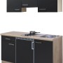 Flex-Well Singleküche Lara, 150 cm, Anthrazit/San Remo Eiche Dekor mit Kochfeld und Kühlschrank.