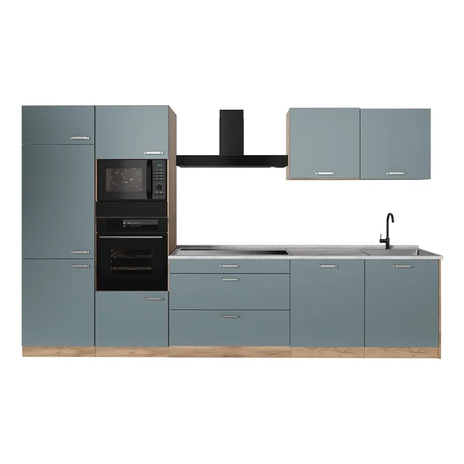 Vicco Küchenzeile R-Line Blau-Grau/Goldkraft Eiche 340 x 207 Arbeitsplatte Marmor Art Nr 67347