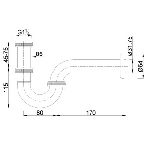Technische Zeichnung: Kronenbach Röhrensiphon 1 1/4 Zoll, Chrom, mit Maßangaben.