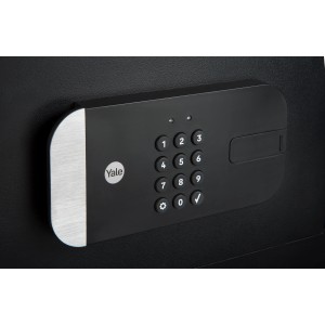 Schwarzer Yale Tresor Smart Safe mit Bluetooth und Tastenfeld, Nahaufnahme der Bedienkonsole.