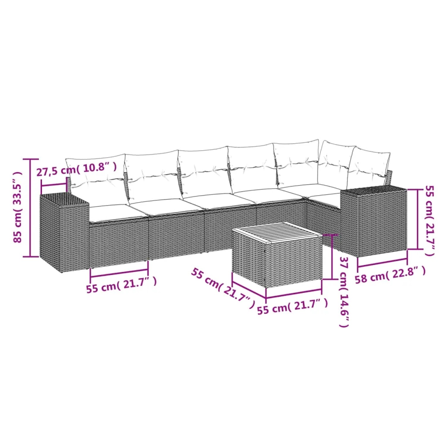 Beige 7-tlg. vidaXL Garten-Sofagarnitur aus Rattan mit Kissen und Tisch.