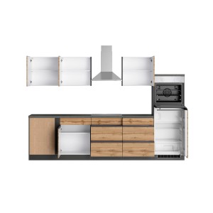 Moderne Winkelküche Turin in Wotaneiche-Graphit mit E-Geräten, inklusive Dunstabzugshaube, Backofen und Kühlschrank.