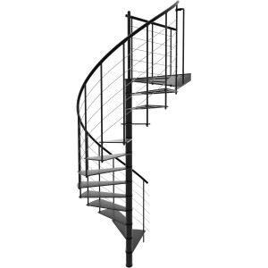 Schwarze Minka Spindeltreppe Milano, spiralförmig mit Metallstufen und Geländer. Geeignet für Innenräume.