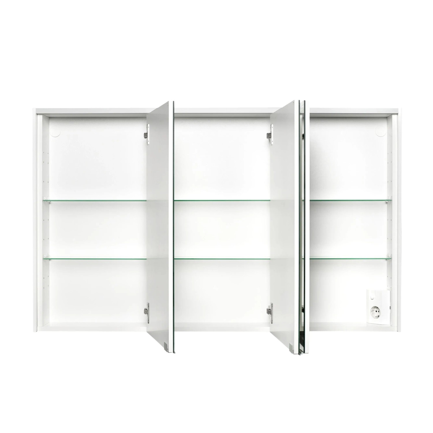 Offener Sieper Spiegelschrank SPS-KHX 120, 120 cm breit, mit Glasablagen und drei Türen in Holzdekor Dunkel.