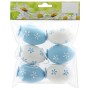 Osterdeko: 6 Eier zum Hängen, Kunststoff, 6 cm, weiß-blau mit Blumenmuster.