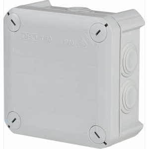 Grauer OBO Abzweigkasten Aufputz, 114x114mm, IP66, mit 7 Anschlussmöglichkeiten.