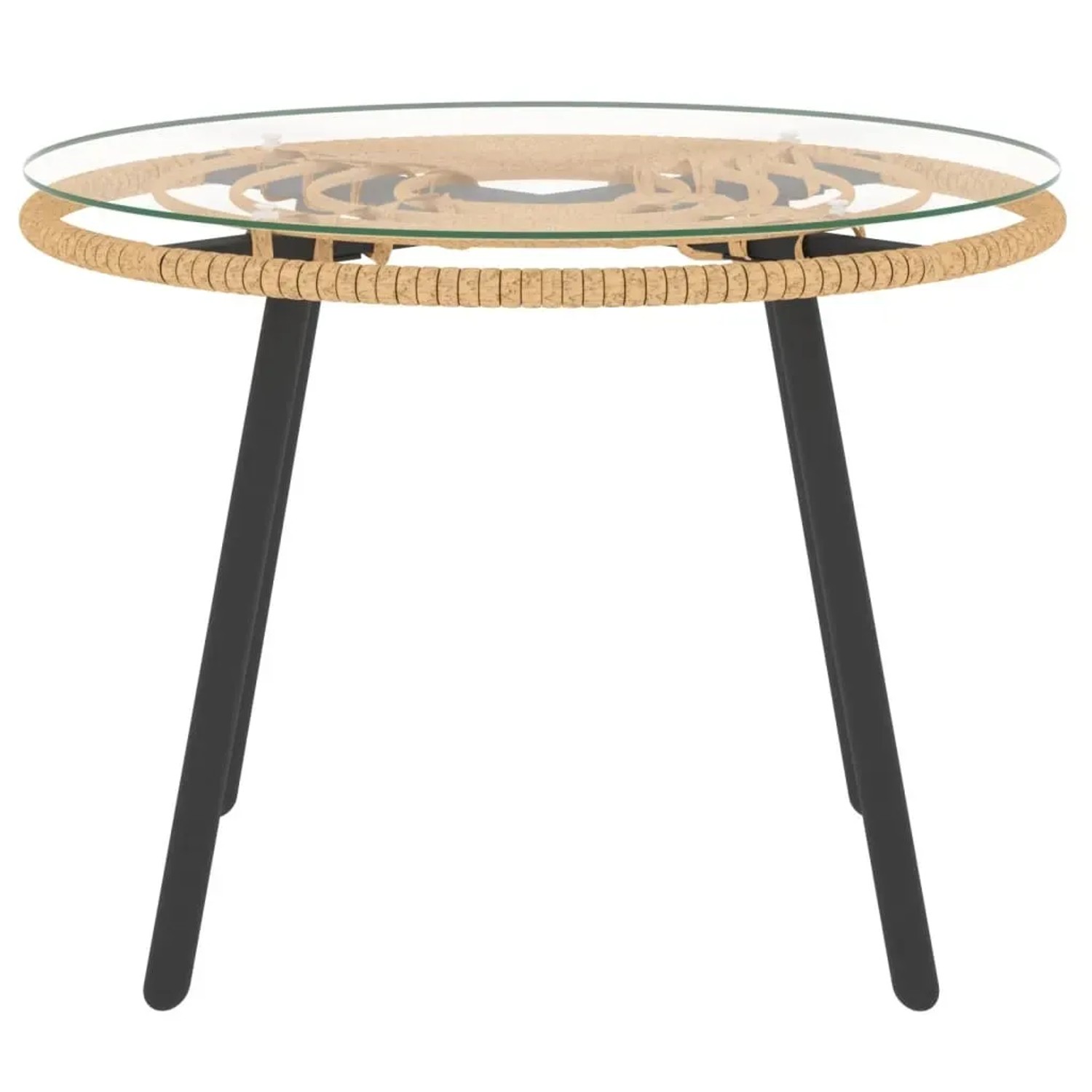 Runder Gartentisch aus Rattan mit Glasplatte und schwarzen Beinen, Teil des vidaXL Lounge Sets.