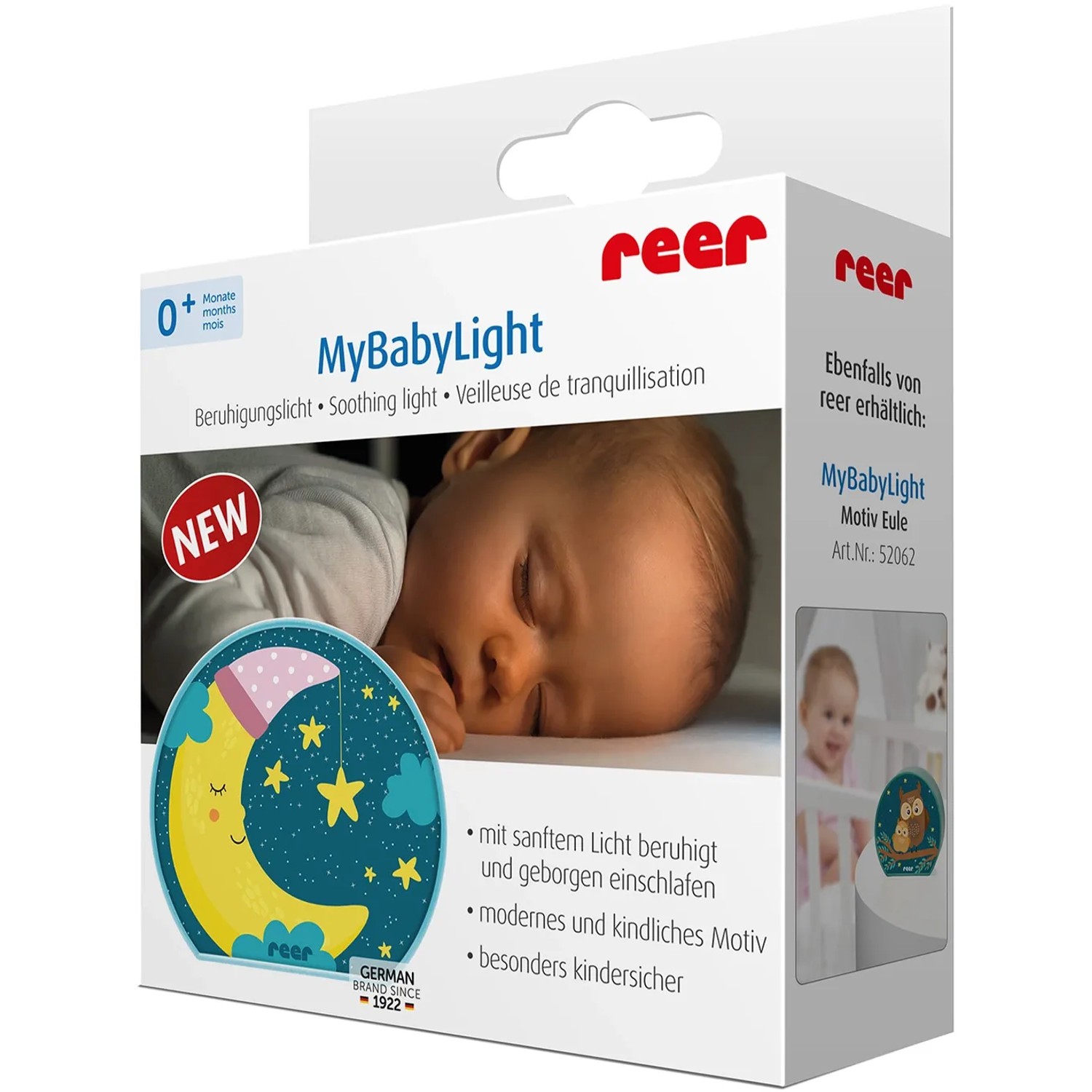 Verpackung des Reer Nachtlichts MyBabyLight - Mond, ein blaues Nachtlicht mit Mond und Sternen.