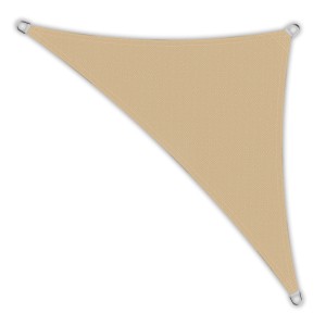 Sandfarbenes Toldoro Sonnensegel Dreieck (4x4x5,6m) aus HDPE-Gewebe mit UV-Schutz für den Garten.