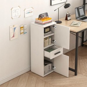 Weißer Rebiko Büroschrank im Loft-Stil mit offener Schublade und Türen, zeigt Regalböden für Bücher und Ordner. Höhe 85 cm.