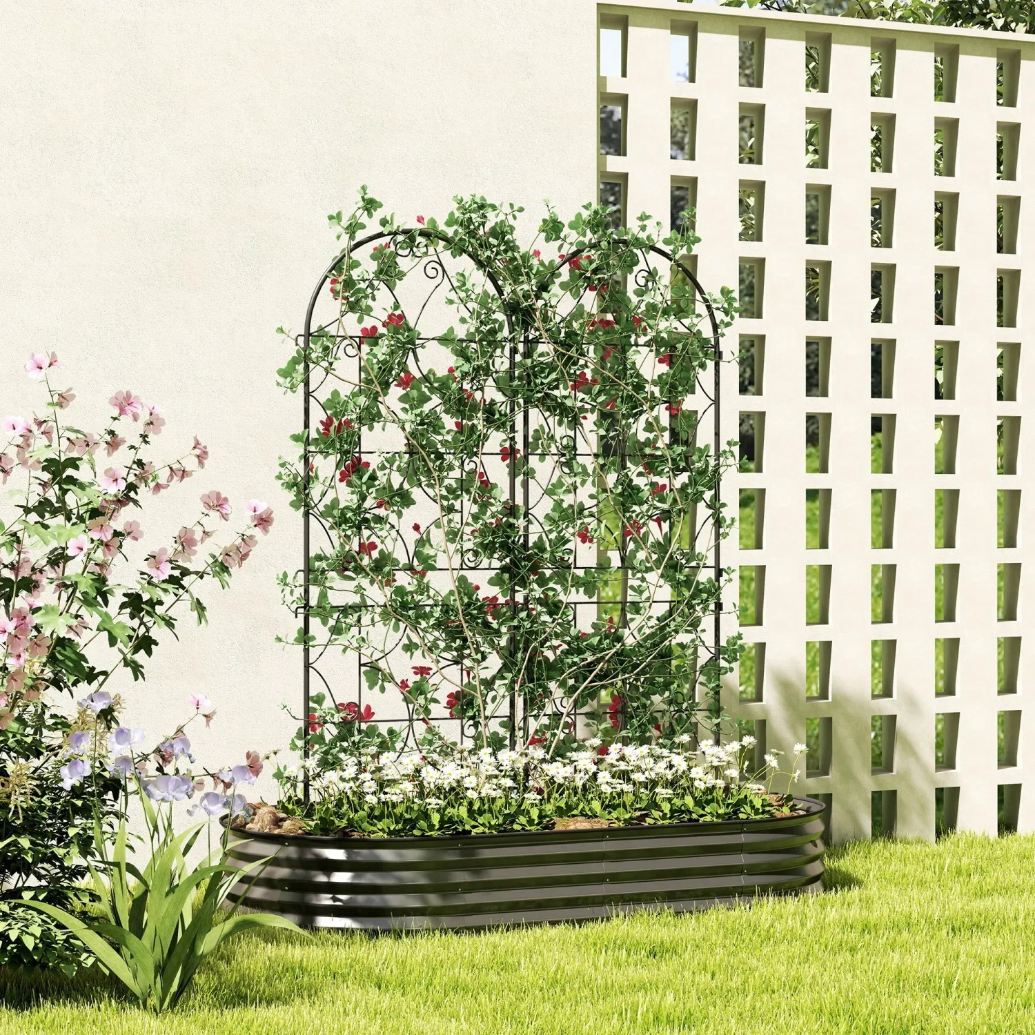 Outsunny Rankgitter 2er-Set aus Metall, schwarz, mit Kletterpflanzen und Blumen bepflanzt.