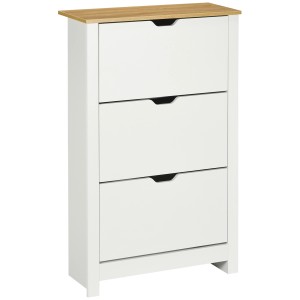 Weißer HOMCOM Schuhschrank mit 3 Klappen und Holzplatte, ideal zur Schuhaufbewahrung.