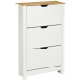 Weißer HOMCOM Schuhschrank mit 3 Klappen und Holzplatte, ideal zur Schuhaufbewahrung.