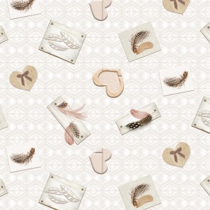 d-c-fix Tischbelag Manhattan Cosima mit Feder- und Herzmotiven auf hellem Grund.