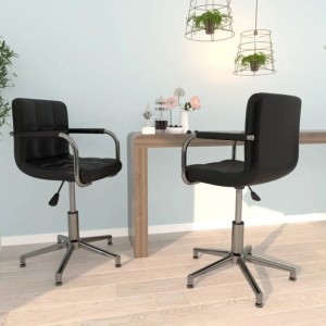 Zwei drehbare Esszimmerstühle von vidaXL, schwarz, mit Kunstlederbezug und verchromtem Stahlgestell.