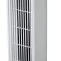 Weißer Turmventilator, 78 cm hoch, mit runder Basis und Bedienfeld oben.