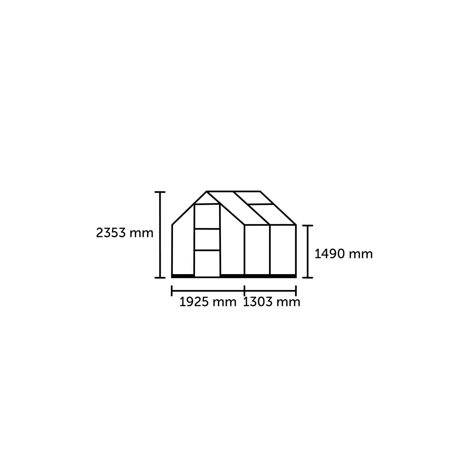 Skizze des Halls Gewächshaus Icon 6, Maße: 235,3 x 192,5 x 130,3 cm.