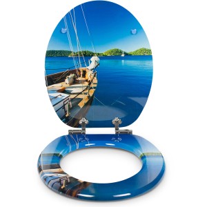 Sanfino WC-Sitz Boat: Toilettendeckel mit Absenkautomatik, Holz, blaues Bootsmotiv.
