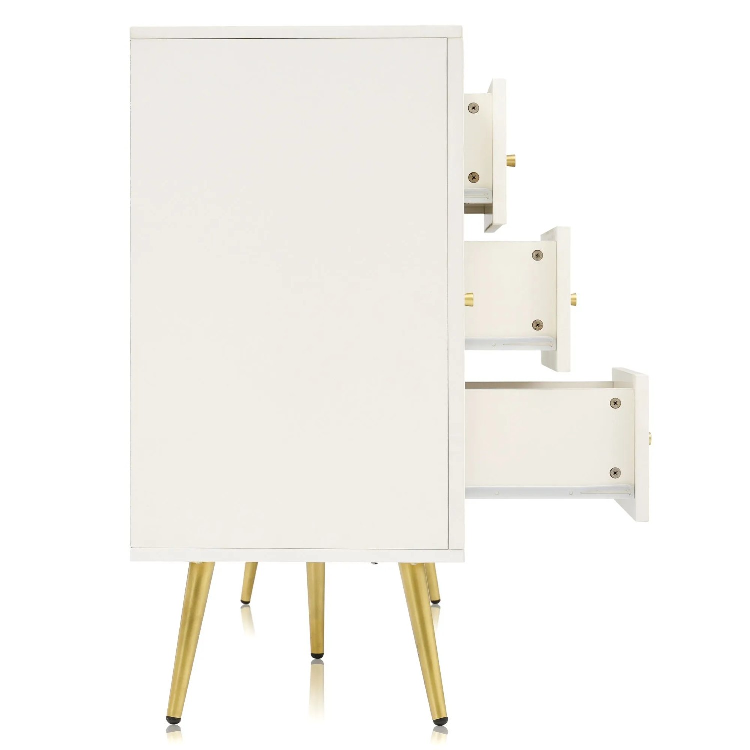 Merax Kommode creme-weiß, 3 offene Schubladen, goldene Metallfüße. Stilvoller Wohnzimmerschrank.