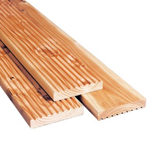 Terrassendiele aus Douglasie, 2,1x12x400cm, mit geriffelter und glatter Oberfläche.