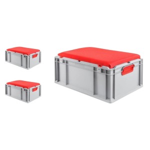 SparSet: 3 graue Euroboxen mit rotem Sitzkissen, 44 Liter. Aufbewahrungsbox/Sitzbox für Werkstatt, Lager.