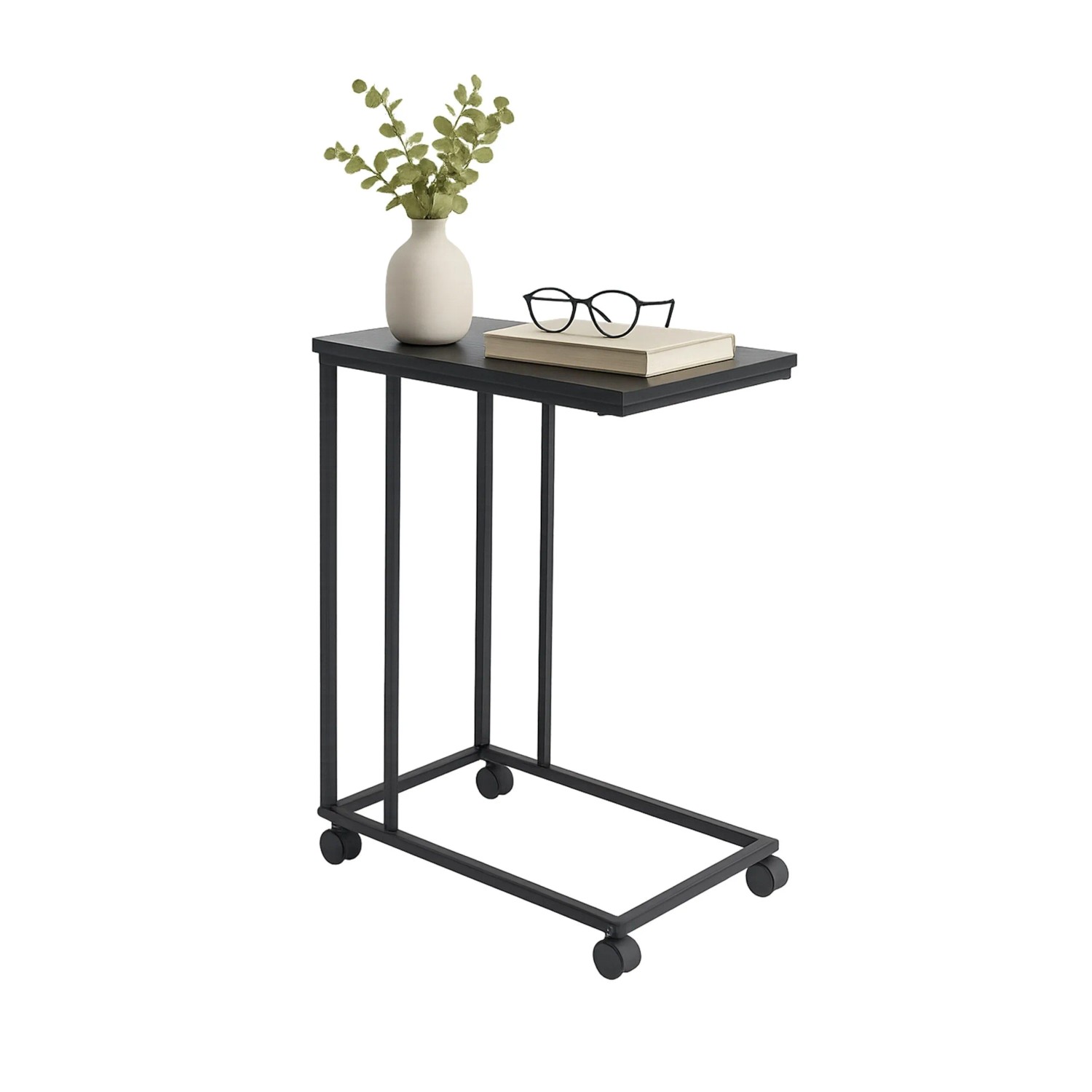 Relaxdays Beistelltisch MDF Eisen Schwarz C Form mit Rollen 50 cm x 35 cm x 68 cm