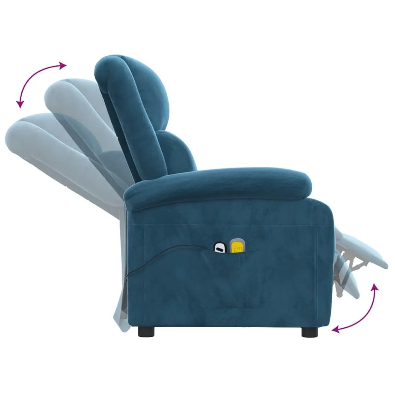 Blauer Massagesessel aus Samt mit elektrischer Liegefunktion für Relaxmomente.