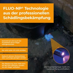 Anwendung des Protect Home Kontroll-Gel Duo unter UV-Licht zur Erkennung von Mäusen und Ratten.