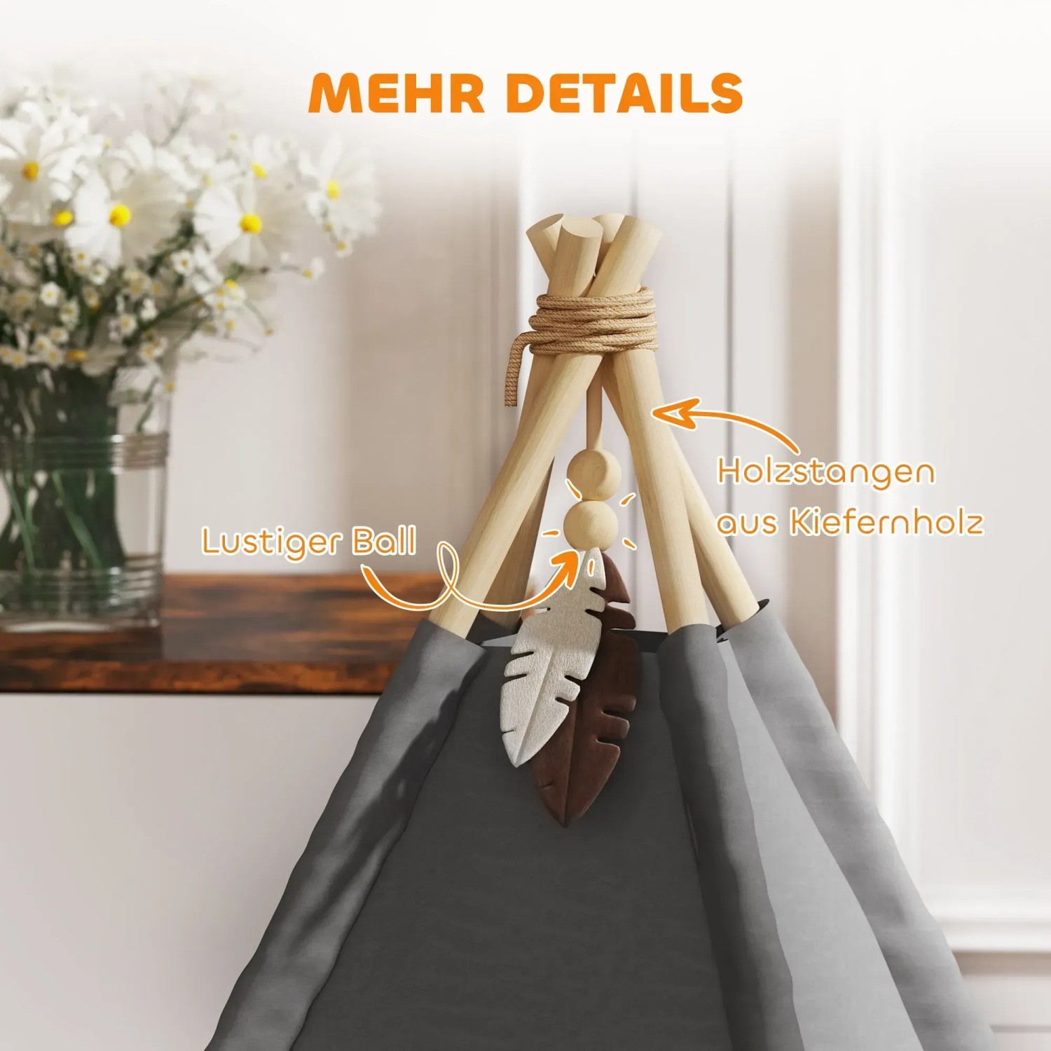 Graues PawHut Katzenzelt in Tipi-Form mit Federspielzeug und Holzstangen.