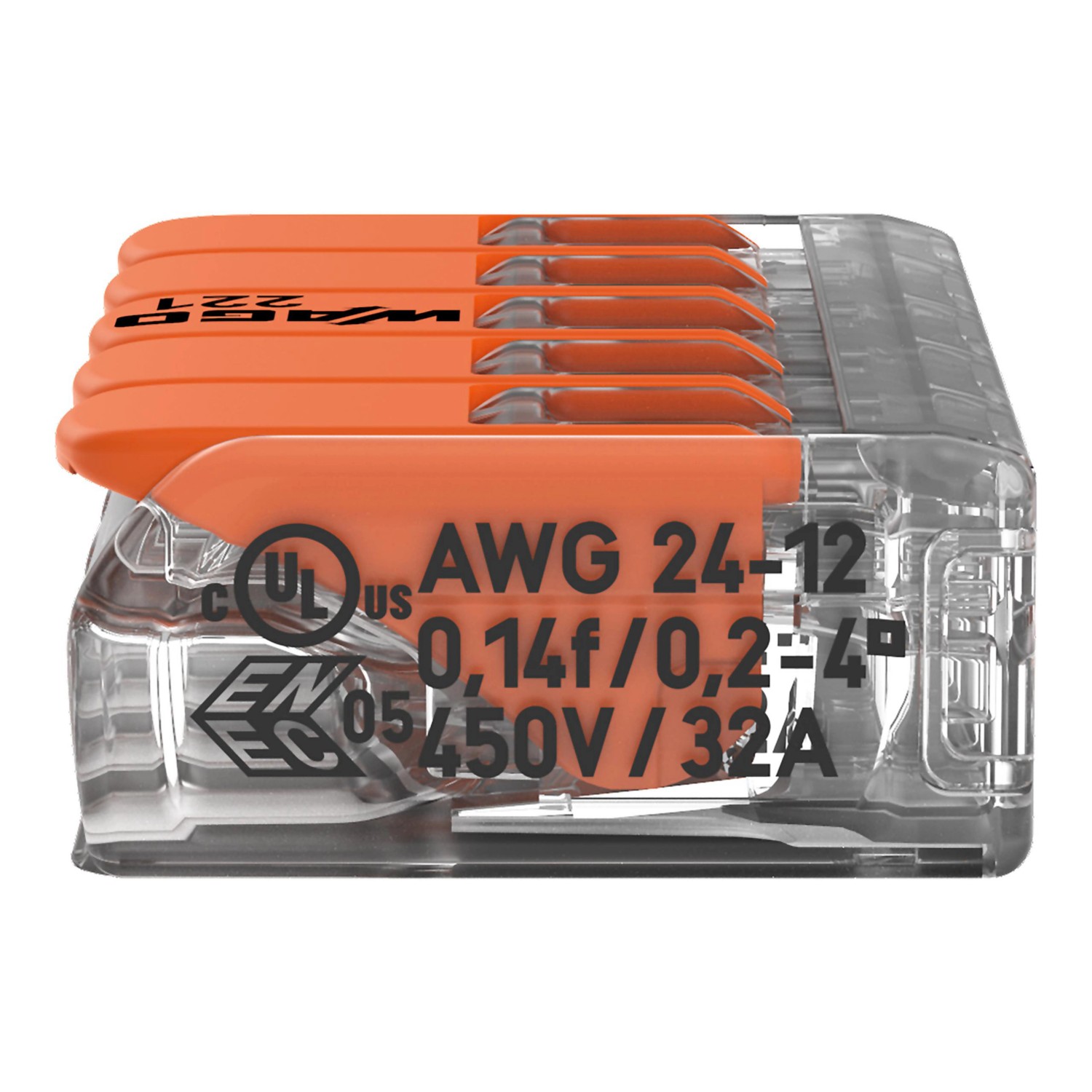 Wago Hebelklemme, 5-polig, für Leiter Ø 0,2-4mm², 5 Stück, orangefarbene Hebel, transparente Hülle.