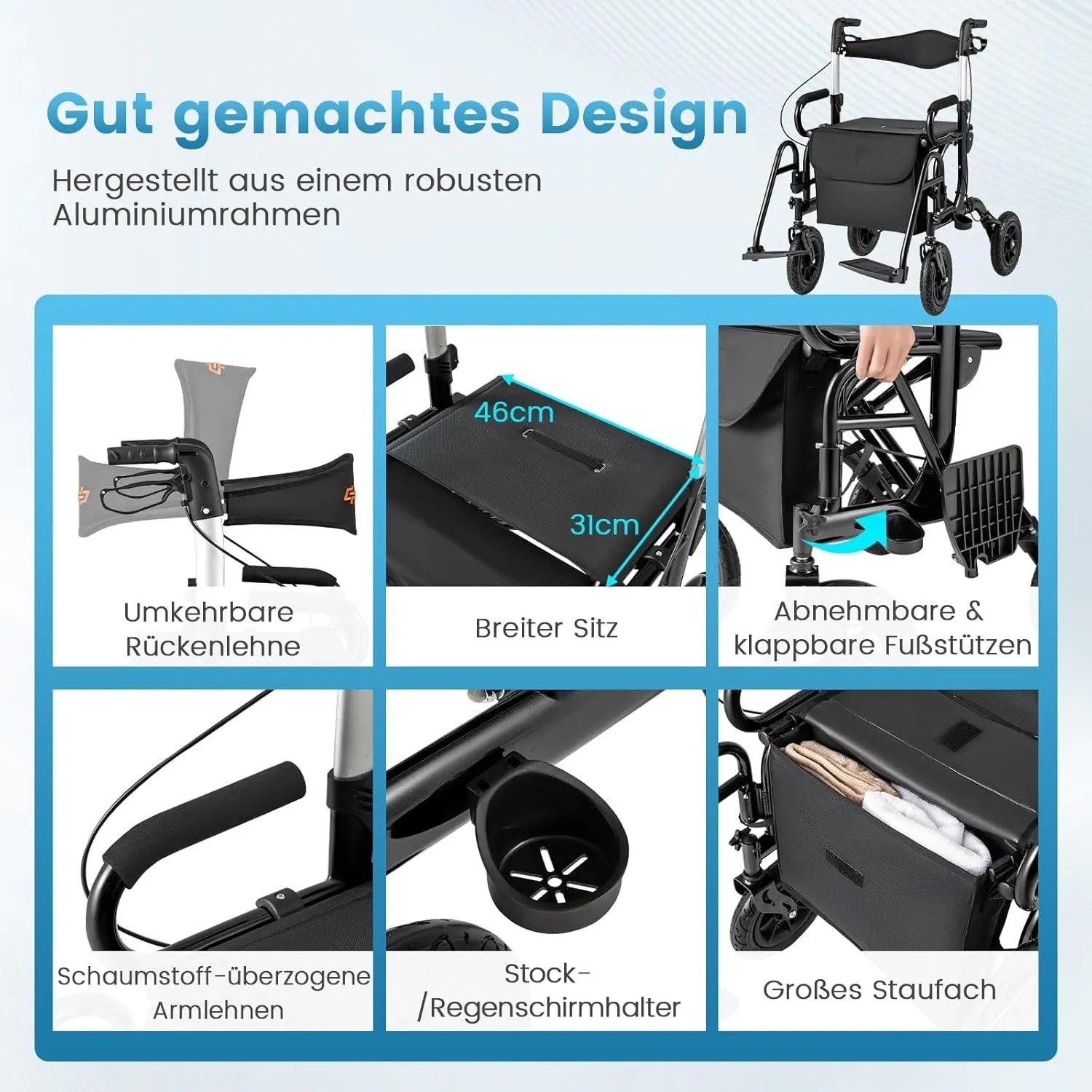 Costway Rollator mit Luftbereifung, 2-in-1 Rollstuhl, Details wie Sitz, Fußstützen und Halterungen.