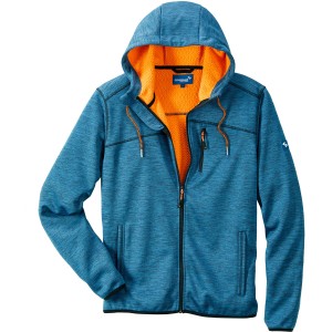 Blaue Strick-Fleecejacke Goldegg mit Kapuze und orangefarbener Fleece-Innenseite.