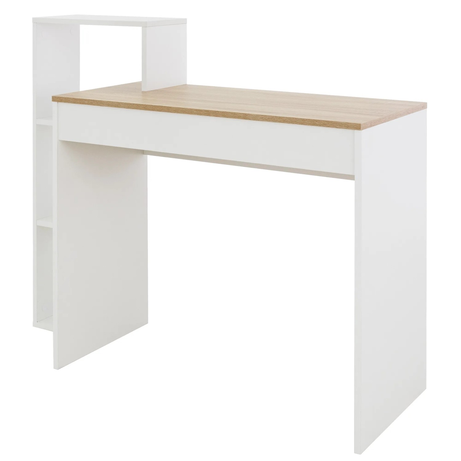 Weißer ML-Design Schreibtisch mit Sonoma-Eiche Tischplatte und Regal, 110x72x40 cm.
