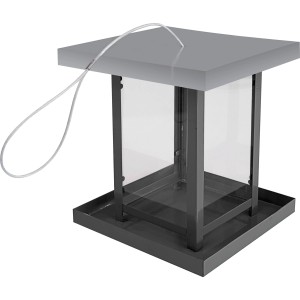 Modernes Vogelfuttersilo View aus Metall und transparentem Kunststoff mit Stahlseil zur Aufhängung.