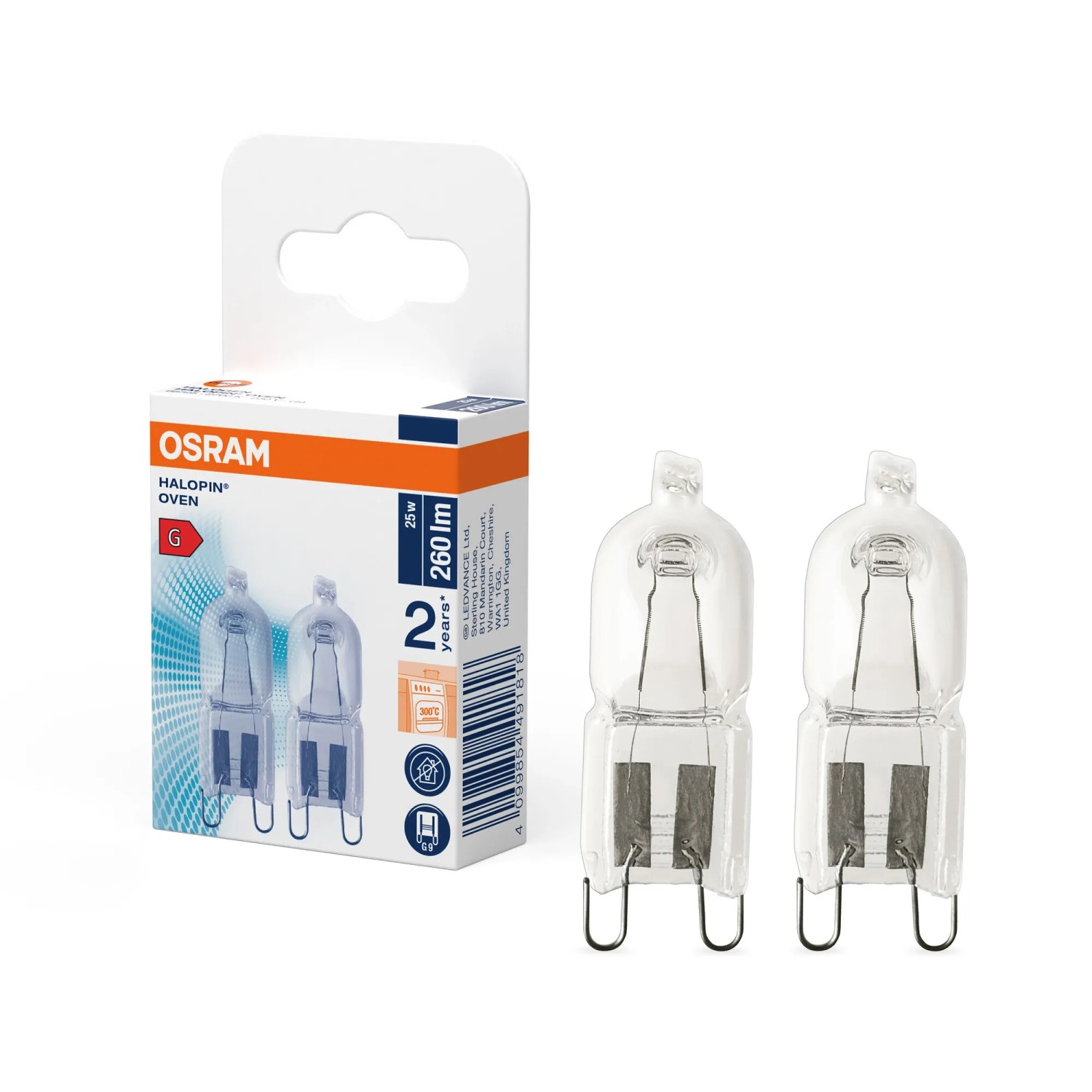 Osram Halogen G9 Leuchtmittel 2er-Pack, Röhrenform, 25W, für Backöfen. Kompakte Bauform.