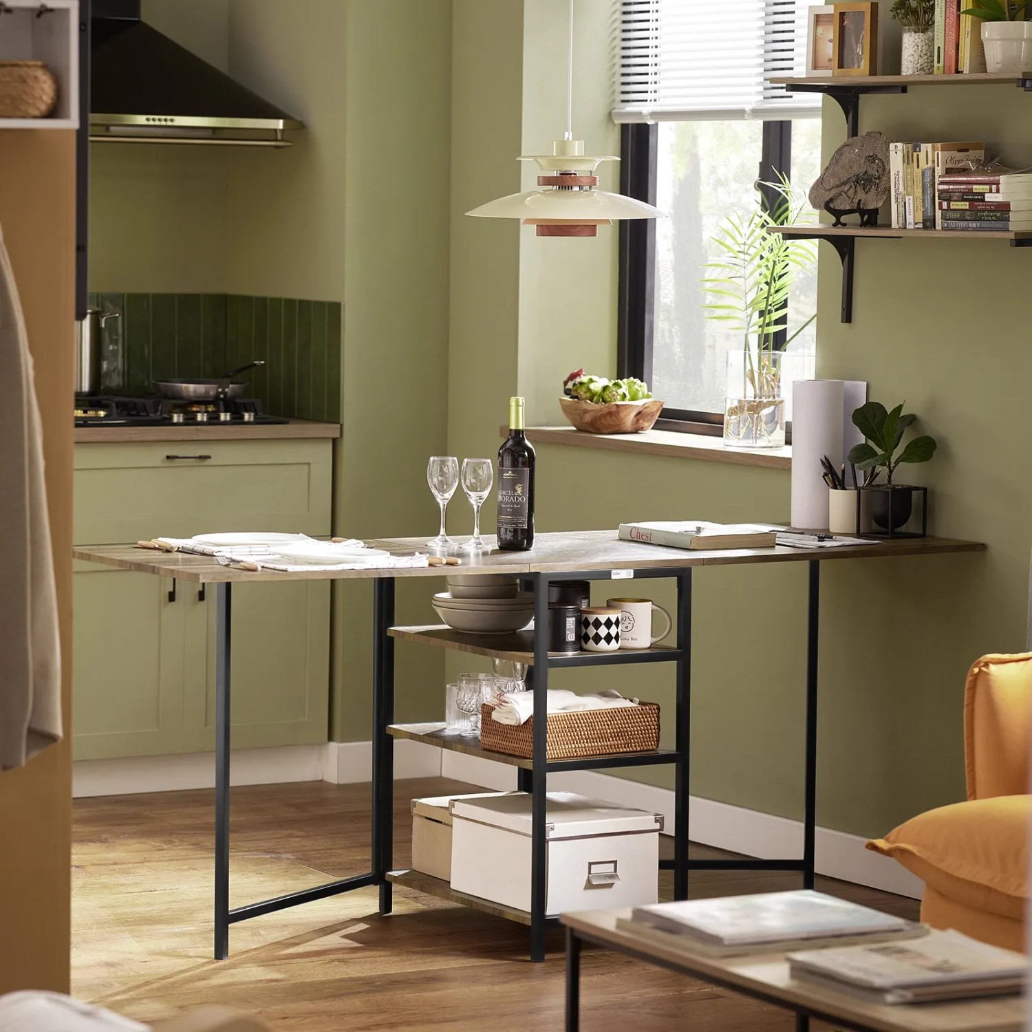 SoBuy 3-teilige Esstischgruppe Klappbar – Tisch + 2 Hocker, Naturholz-Optik, Platzsparend