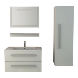 Jet-Line Badset St. Moritz, 4-teilig, weiß hochglanz mit LED: Waschtisch, Spiegel, Seitenschrank, Ablage.