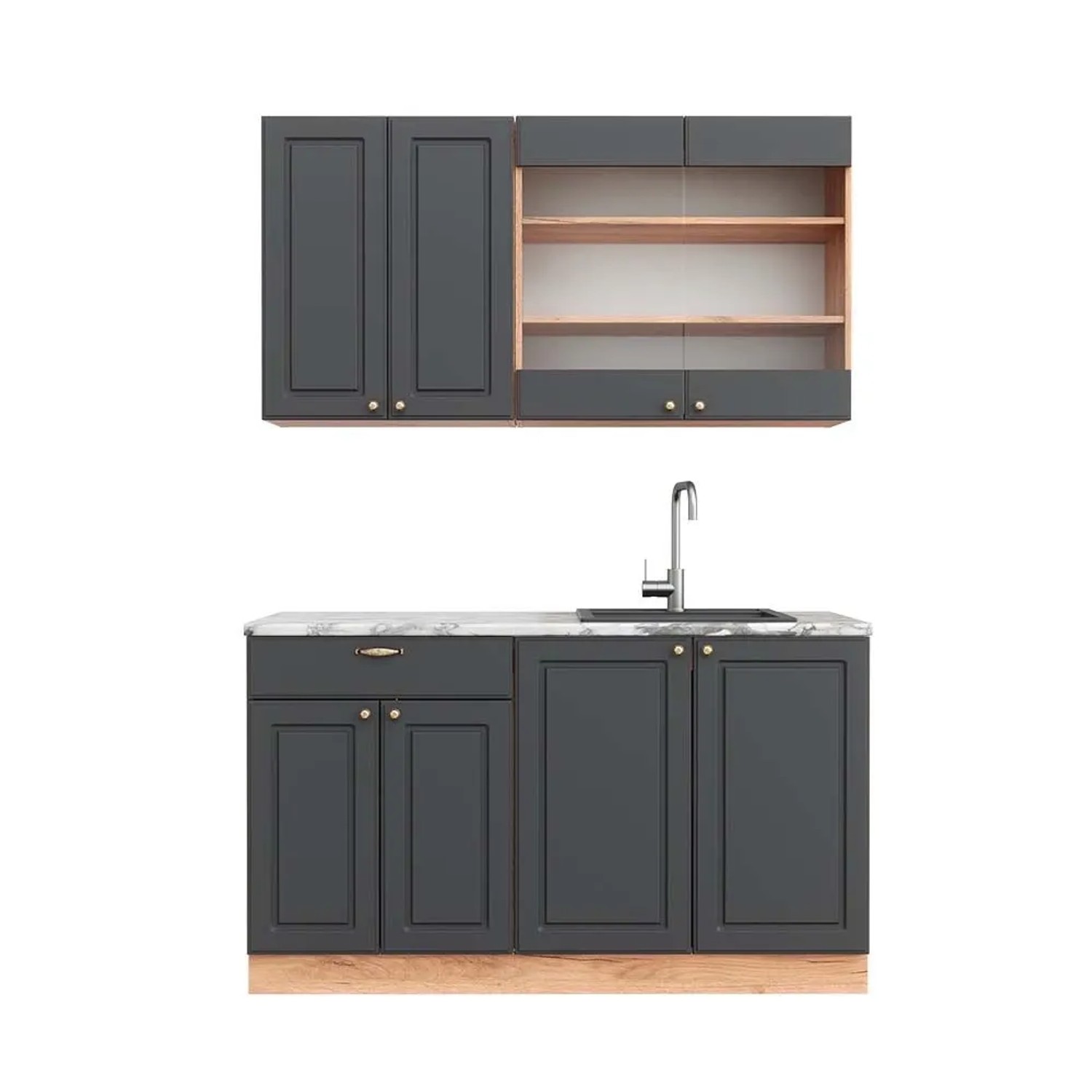 Vicco Fame-Line Singleküche Anthrazit Landhaus Goldkraft Eiche 140 cm AP Marmor ohne E-Geräte