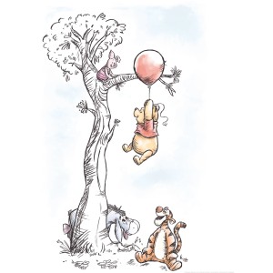 Winnie Pooh Wandbild (40x50cm): Pooh hängt an einem Ballon, mit Ferkel, I-Aah und Tigger.