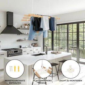 Elfenbeinfarbener Decken-Wäscheständer mit 6 Latten und Wäsche zum Trocknen.