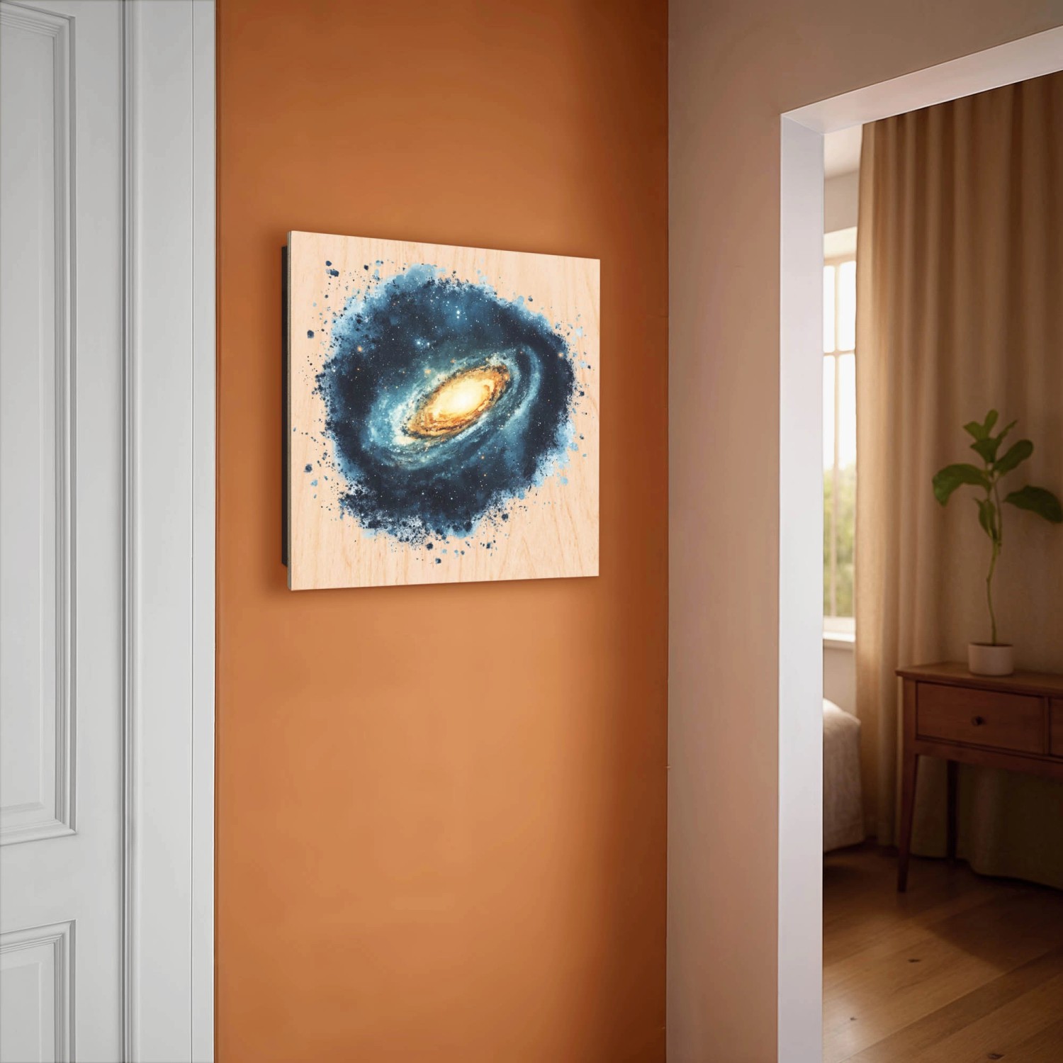 Schwarzer Schlüsselkasten aus Holz (30x30cm) mit Galaxie-Motiv und 50 Haken zur Schlüsselaufbewahrung.