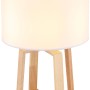 Globo Tischlampe Moritz, braunes Holzgestell mit weißem Textilschirm, 44cm hoch.