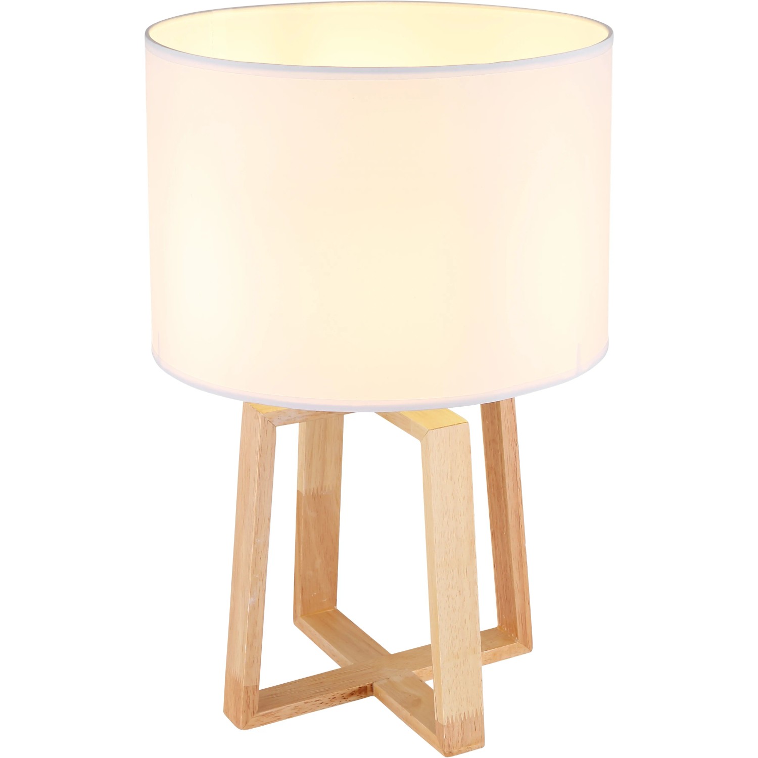 Globo Tischlampe Moritz, braunes Holzgestell mit weißem Textilschirm, 44cm hoch.